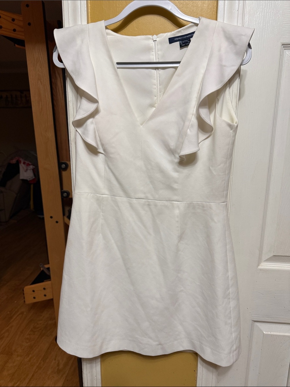 French Connection White V-Neck Ruffle Sleeve Mini Dress